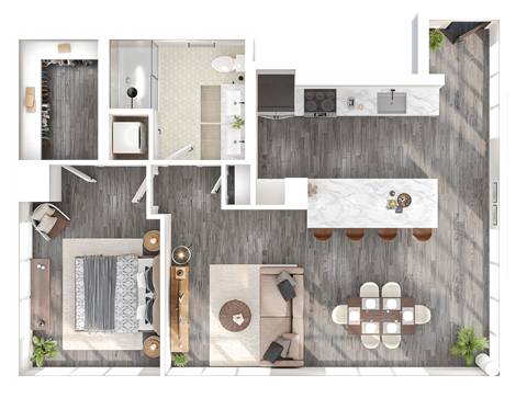 Floor plan for 1 bed, 1 bath, 958 sqft